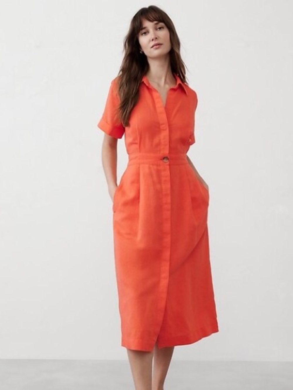 NWT! Banana Republic Electric Coral Linen-Blend Midi Shirtdress 🧞‍♀️